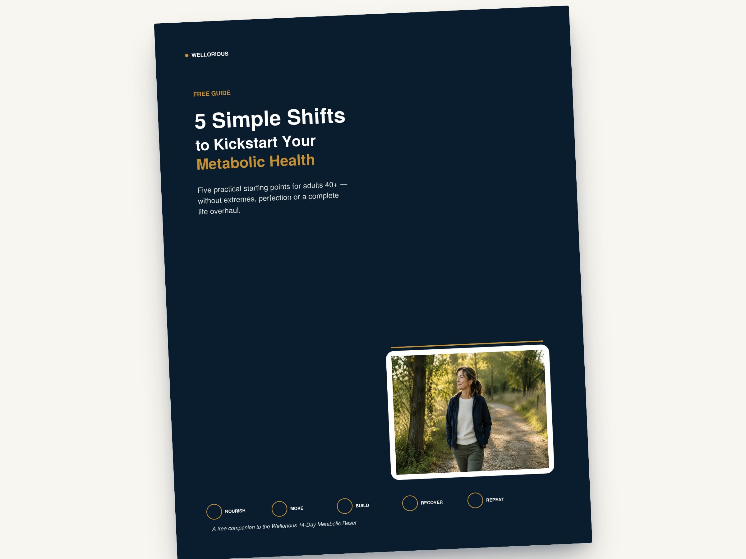 Cover of the free Wellorious guide, 5 Simple Shifts to Kickstart Your Metabolic Health, shown at a slight angle