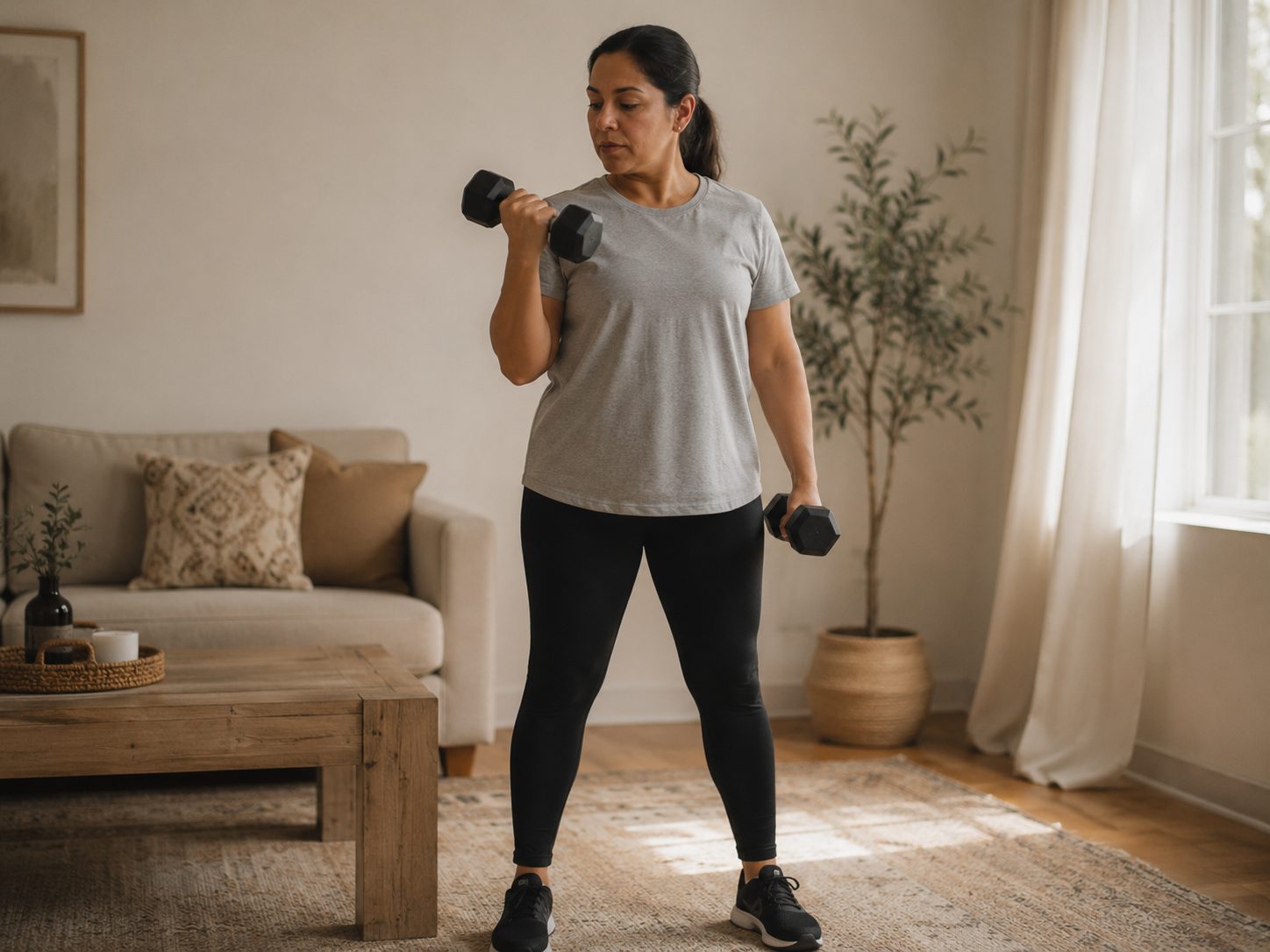 A woman performing a standing bicep curl with light dumbbells at home, representing the Build foundation