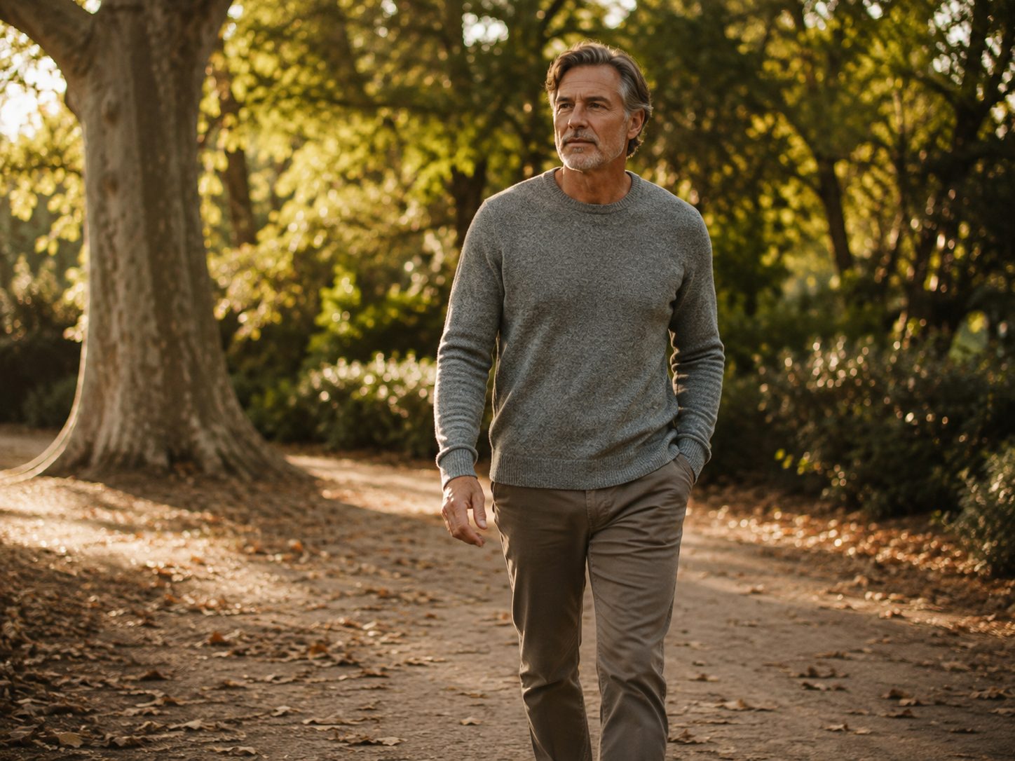 A man walking along a sunlit tree-lined path, an everyday moment of Wellorious's approach to better living