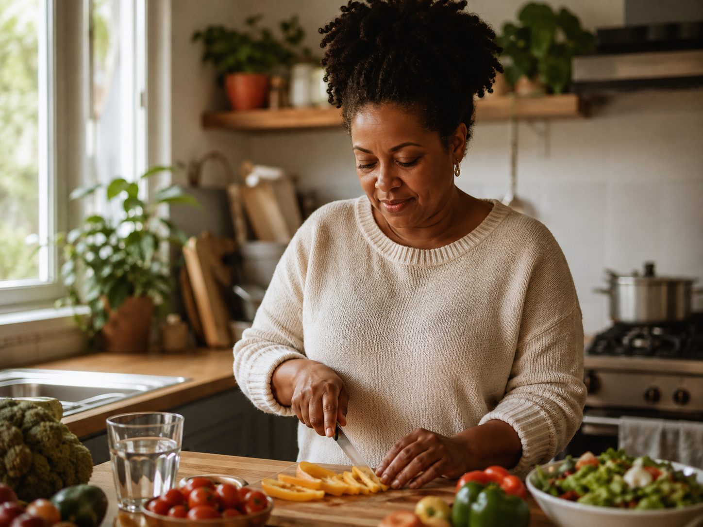 A woman slicing vegetables at a kitchen counter, representing the Nourish foundation