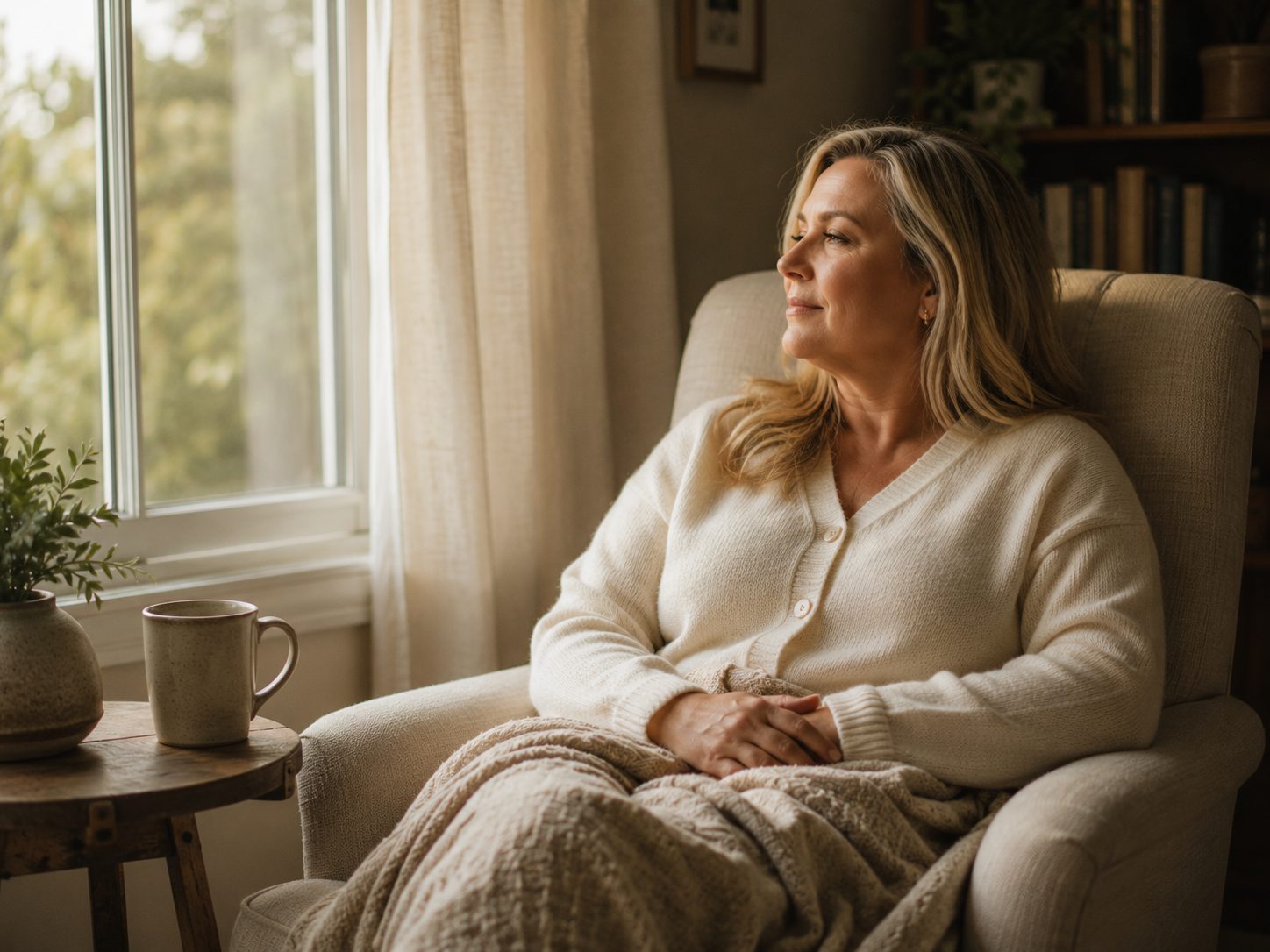 A woman resting in an armchair by a window with a blanket, representing the Recover foundation
