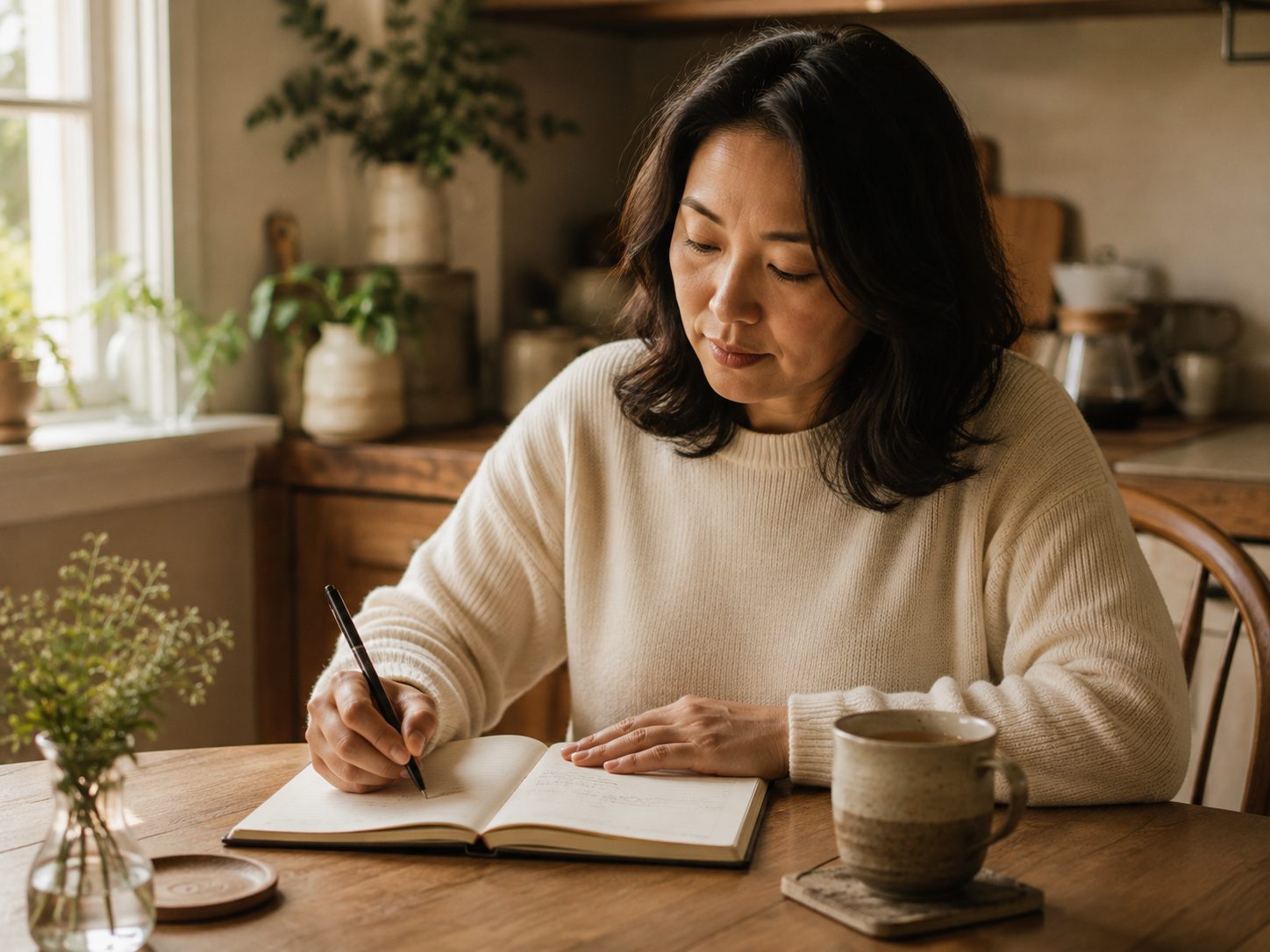A woman writing in a journal at her kitchen table with a cup of tea, representing the Repeat foundation