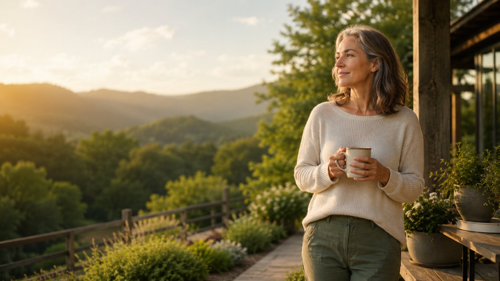 A woman relaxing on a porch at golden hour with a mug in hand, looking out over green hills -- a quiet morning moment reflecting Wellorious's approach to better living