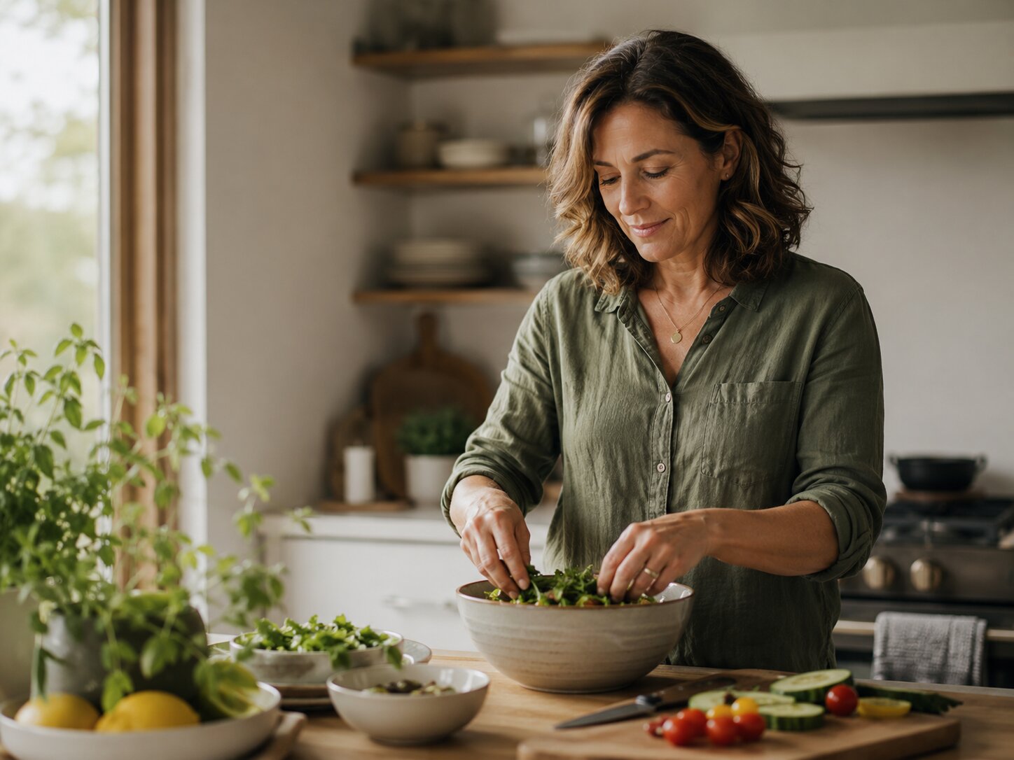 A woman preparing a fresh meal in her kitchen -- an approachable, everyday starting point